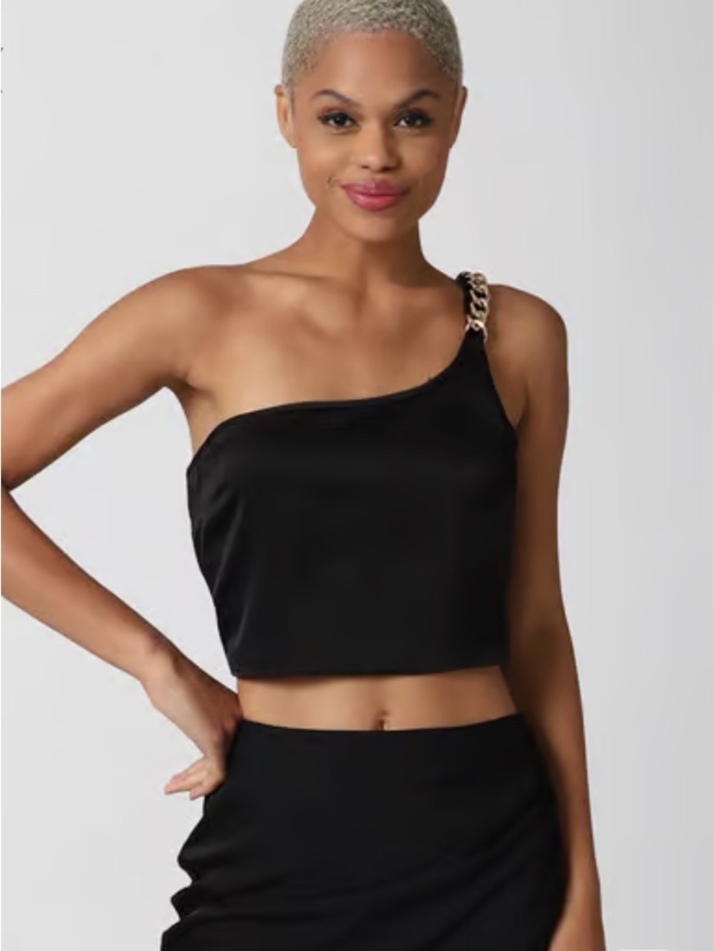 One-Shoulder Black Satin Crop Top with Chain Strap size S
